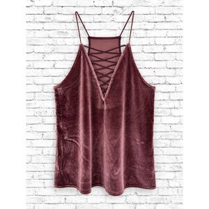 Express Women's Small Mauve Velvet Cami Top Lace Up V Neck Strappy Y2K Holiday